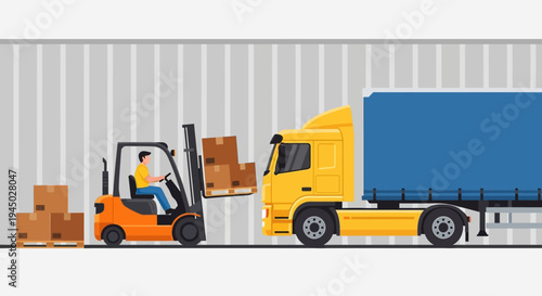 Illustration of a forklift operator loading boxes into a semi-truck trailer in a warehouse with a gray background.