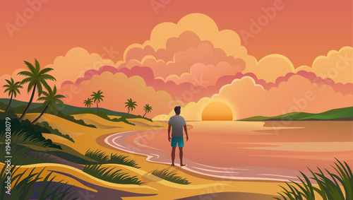 Man standing on tropical beach watching sunset. Golden hour landscape with palm trees, orange sky, and sea horizon. Summer vacation, peace, and meditation concept