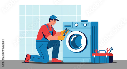 Illustration of a repairman fixing a washing machine with tools in a laundry room