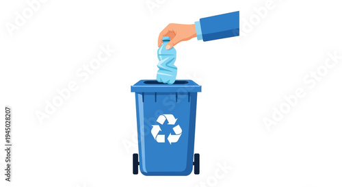 Hand putting recyclable plastic into a blue recycling bin with a white recycling symbol on a clean white background.
