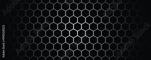 Dark hexagon abstract technology background with blue and green colored bright flashes under hexagon. Hexagonal gaming vector tech illustration black abstract background.