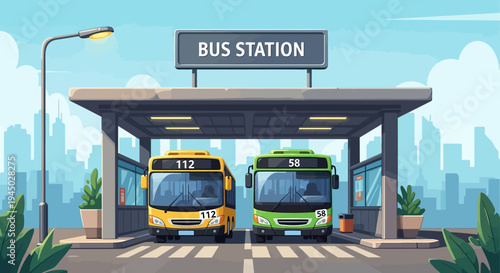 Illustration of two buses parked at a modern bus station with a city skyline background under a blue sky.
