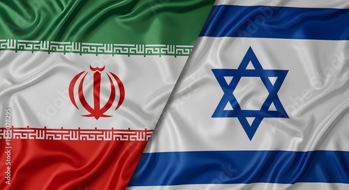 Iran and israel national flags side by side with green white red and blue colors
