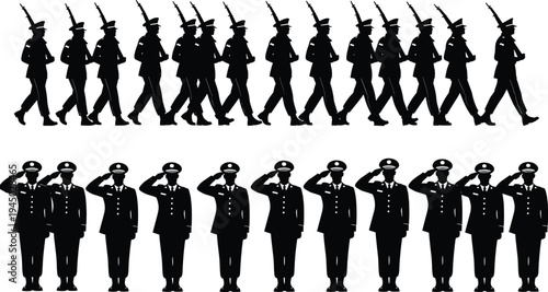 Black, silhouettes, of, military, soldiers, in, uniform, marching, with, rifles, and, standing, at, attention, saluting, isolated, on, white, background, flat, vector, illustration, set
