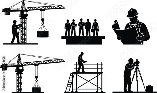 Black, silhouettes, of, professional, construction, workers, engineers, and, heavy, machinery, including, tower, cranes, and, site, surveyors, isolated, on, white, 