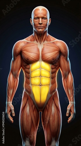 Anatomical illustration of the human male abdominal muscles highlighted in yellow