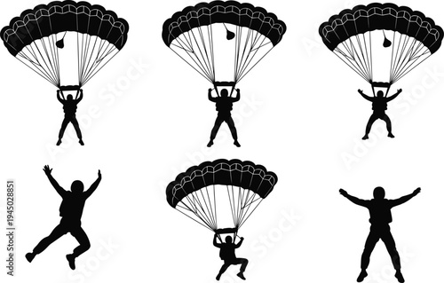 Black, silhouettes, of, skydivers, and, parachutists, performing, freefall, maneuvers, and, gliding, with, open, parachutes, isolated, on, white, background, flat, vector, illustration, set, design