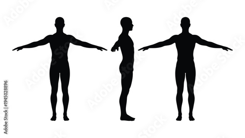 Three black silhouette figures standing in different poses on white background for anatomy or dance illustration