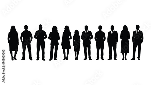 A group of business professionals standing in a line, representing teamwork and collaboration in a corporate setting with diverse individuals