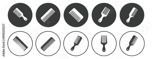 Hair, comb icon set vector illustration, barber and salon comb silhouette collection in black and white, hairstyling and grooming tools concept, editable vector isolated on transparent background.