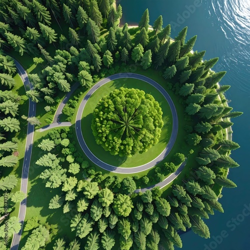 Aerial view of a forest with a central circular clearing