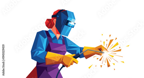 Female welder in protective gear performing welding work with sparks flying.