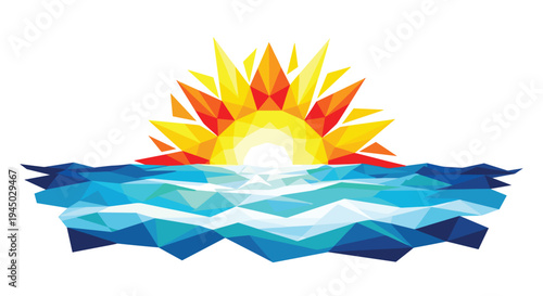 Geometric Sun Rising Over Ocean Waves Low Poly Style.