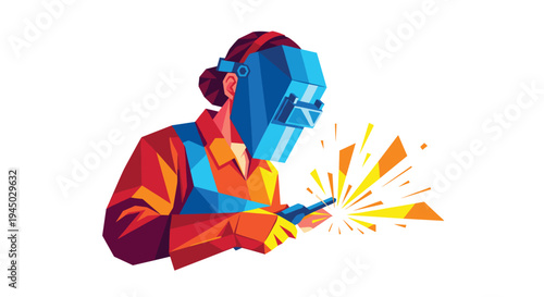 Skilled female welder working with sparks in a vibrant geometric style.