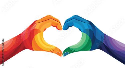 Two hands painted in rainbow colors forming a heart shape.