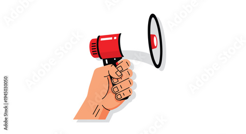 Hand holding a red and black megaphone for making announcements.