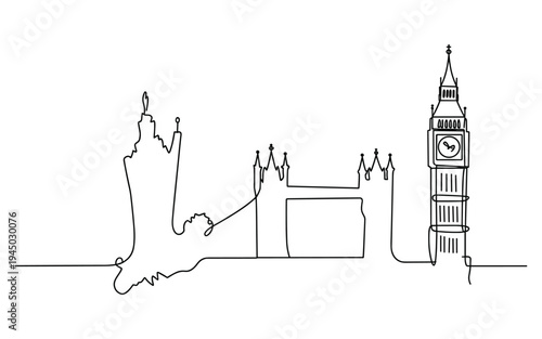 London Skyline Continuous Line Drawing Big Ben and Bridge Silhouette Minimalist Stock