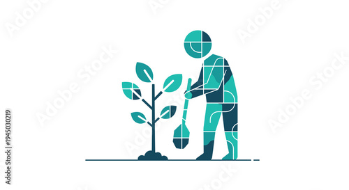 Stylized Person Planting a Tree with a Shovel Environmental Conservation.