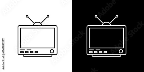 Single icon of retro television with antennas, a classic symbol of entertainment and media consumption, presented in two distinct styles on contrasting backgrounds