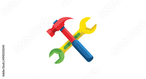 Colorful Toy Hammer and Wrench Crossed on White Background.