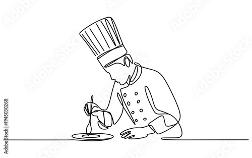 Chef in uniform plating food with spoon continuous line drawing kitchen professional