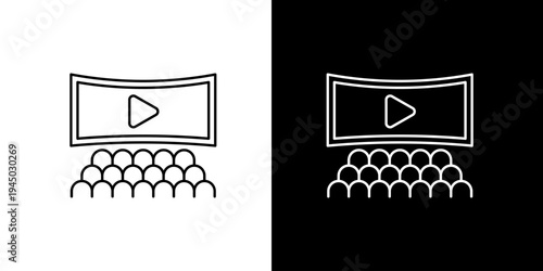 Cinema screen with audience icon set on white and black background