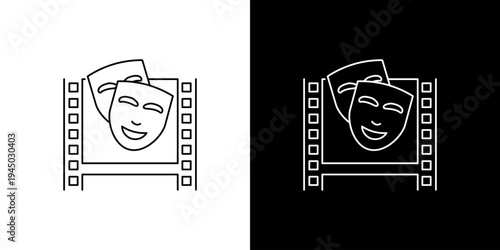 Vector outline icon showcasing classic theatrical comedy and tragedy masks on a film reel, embodying drama, cinema, and performing arts