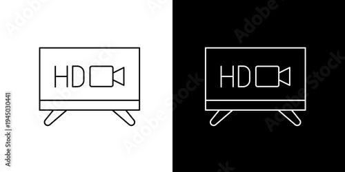 Minimalist outline icon depicting high definition video on a television screen, symbolizing modern digital entertainment and multimedia technology
