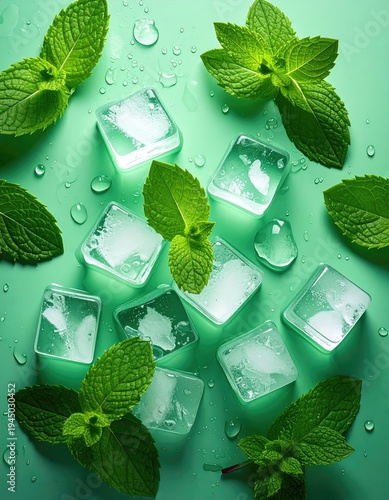 Green mint leaves and ice cubes on a cool, teal surface