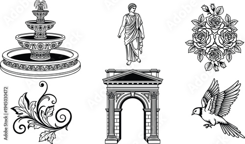 Classic garden and architectural elements set featuring tiered fountain roman statue archway roses bouquet bird and ornate leaf scroll vector illustration for design.