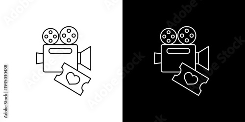 Movie Camera and Cinema Ticket with Heart Icon - Film, Love, and Entertainment Concept Line Art Illustration