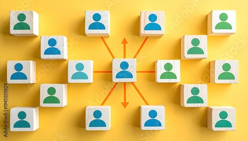 Wooden blocks with person icons arranged like a centralized network