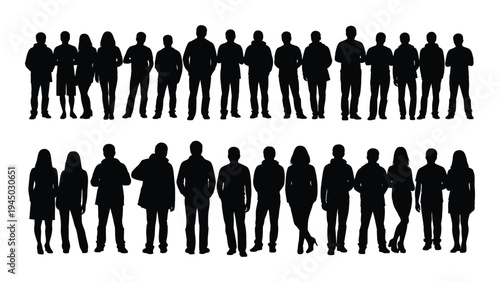 A group of diverse people standing in two rows of silhouettes against a white background, representing a crowd or community of individuals with various poses and attire