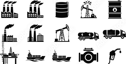 Collection of black industrial icons featuring oil rigs factories fuel tankers gas pumps and heavy machinery silhouettes for energy and petroleum sector designs. (24 words)