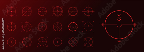 Crosshair Hud red. Accuracy training simulator. Hunting gun viewfinder. Set of simple Vector icons.