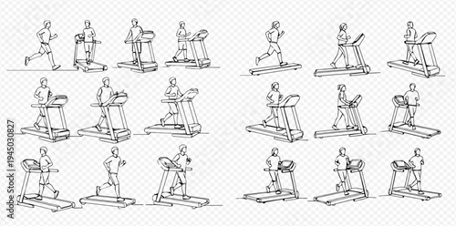 Set of hand-drawn illustrations depicting people exercising on a treadmill, running, jogging, and walking for fitness and health.