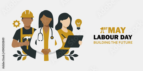 Labour Day Banner. Happy International Labour Day Background with diverse professional workers such as engineer, doctor, and businesswoman. vector illustration.