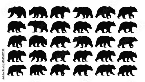 Collection of black bear silhouettes in various walking positions, showcasing different angles and perspectives of the animal in a grid pattern.