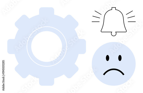 Settings concept. Large gear icon next to a notification bell and a sad face, settings adjustments, notifications impact, and emotional response alignment. For apps, UX design, personalization