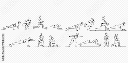 Continuous line drawing of people performing various fitness exercises and warm-up stretches, illustrating a healthy and active lifestyle.