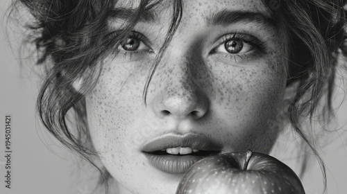 Woman Biting Apple Portrait with Closed Eyes