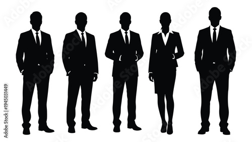 A group of five business professionals standing in a line, depicted in black silhouette against a white background, conveying a sense of unity and professionalism in a corporate setting.