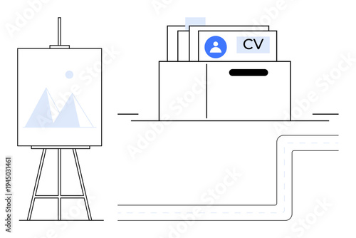Recruitment concept. Recruitment through a file box with CVs and a creative artboard. Recruitment highlights hiring, creativity, and career planning. For HR, design, coaching, branding job searching