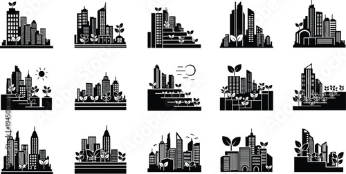 Collection of eco friendly city skyline silhouettes with green plants sustainable urban architecture icons modern cityscape set for environment smart city and green growth concept