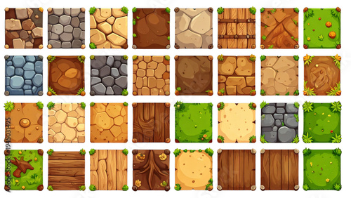 Isometric Vector Game Tile Set of Various Ground Textures, Including Stone, Cracked Earth, Wood, Sand, Dirt, and Green Grass, Ideal for 2D Game Design and Landscape Elements
