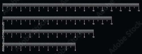 Measuring chart 8,10,12,15 inches. Set of ruler scales twelve, fourteen. Sewing tool icons. Length measurement math, distance, height. Measuring sticks. Distance, height, length measurement. 