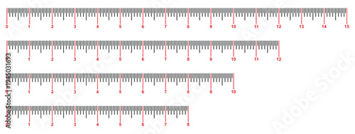 Measuring chart 8,10,12,15 inches. Set of ruler scales twelve, fourteen. Sewing tool icons. Length measurement math, distance, height. Measuring sticks. Distance, height, length measurement. 