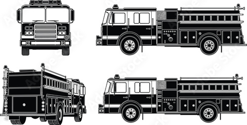 Collection of fire truck vector silhouettes featuring front side and rear views of an emergency rescue vehicle and fire engine for technical design. (24 words)