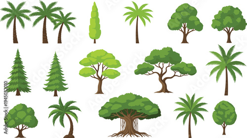Collection of flat vector tree icons including palm trees pine banyan and deciduous varieties isolated on white background for landscape design architectural visualization and environment maps.