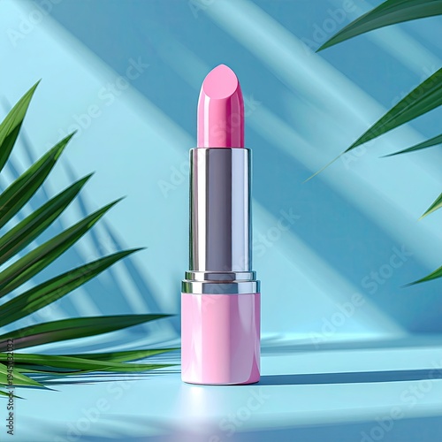 Pink lipstick on blue surface with tropical leaves, bright light